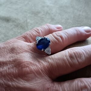 Silver Tone Blue and Clear Glass Ring